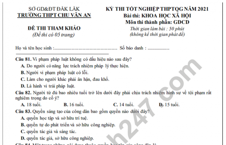 Đề thi thử tốt nghiệp THPT 2021 THPT Chu Văn An môn GDCD