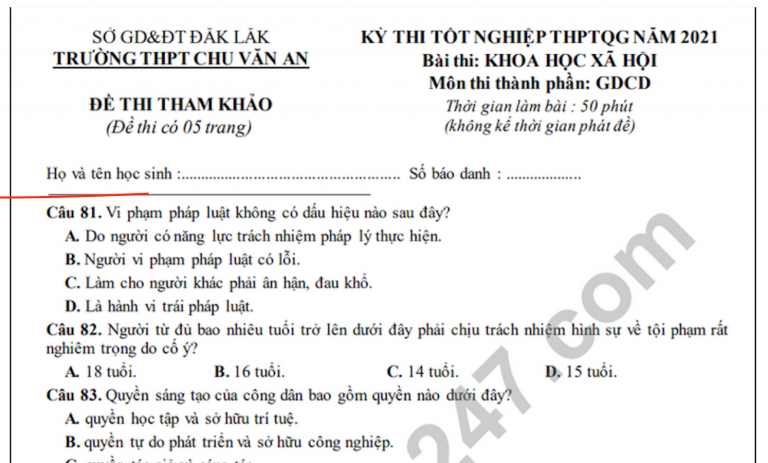 Đề thi thử tốt nghiệp THPT 2021 môn GDCD THPT Chu Văn An