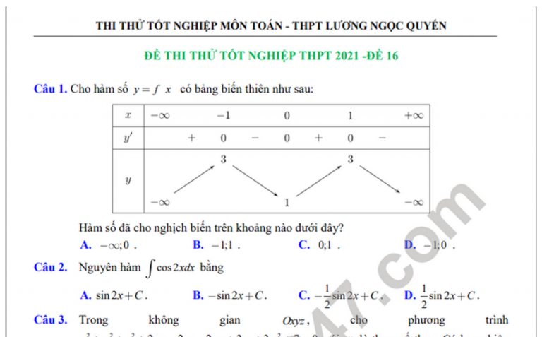 Đề thi thử tốt nghiệp THPT năm 2021 THPT Lương Ngọc Quyến môn Toán