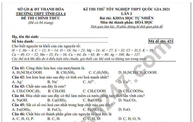 Đề thi thử tốt nghiệp THPT năm 2021 môn Hóa lần 3 THPT Tĩnh Gia 4