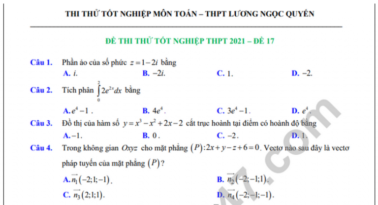 Đề thi thử tốt nghiệp THPT 2021 THPT Lương Ngọc Quyến môn Toán