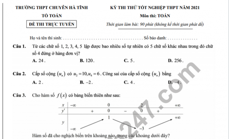 Đề thi thử tốt nghiệp THPT 2021 THPT chuyên Hà Tĩnh môn Toán