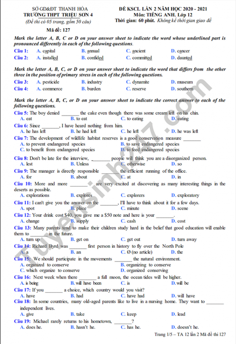 Đề KSCL năm 2021 lần 2 THPT Triệu Sơn 4 môn Anh lớp 12