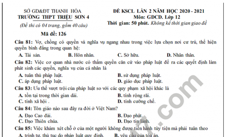 Đề KSCL lớp 12 năm 2021 lần 2 môn GDCD THPT Triệu Sơn 4