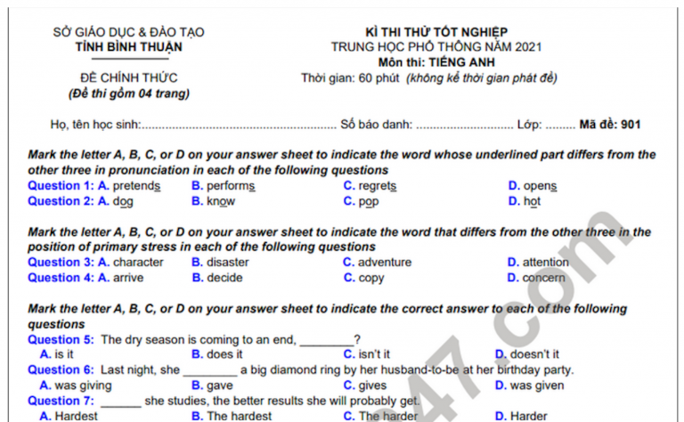 Đề thi thử tốt nghiệp THPT năm 2021 môn Anh tỉnh Bình Thuận