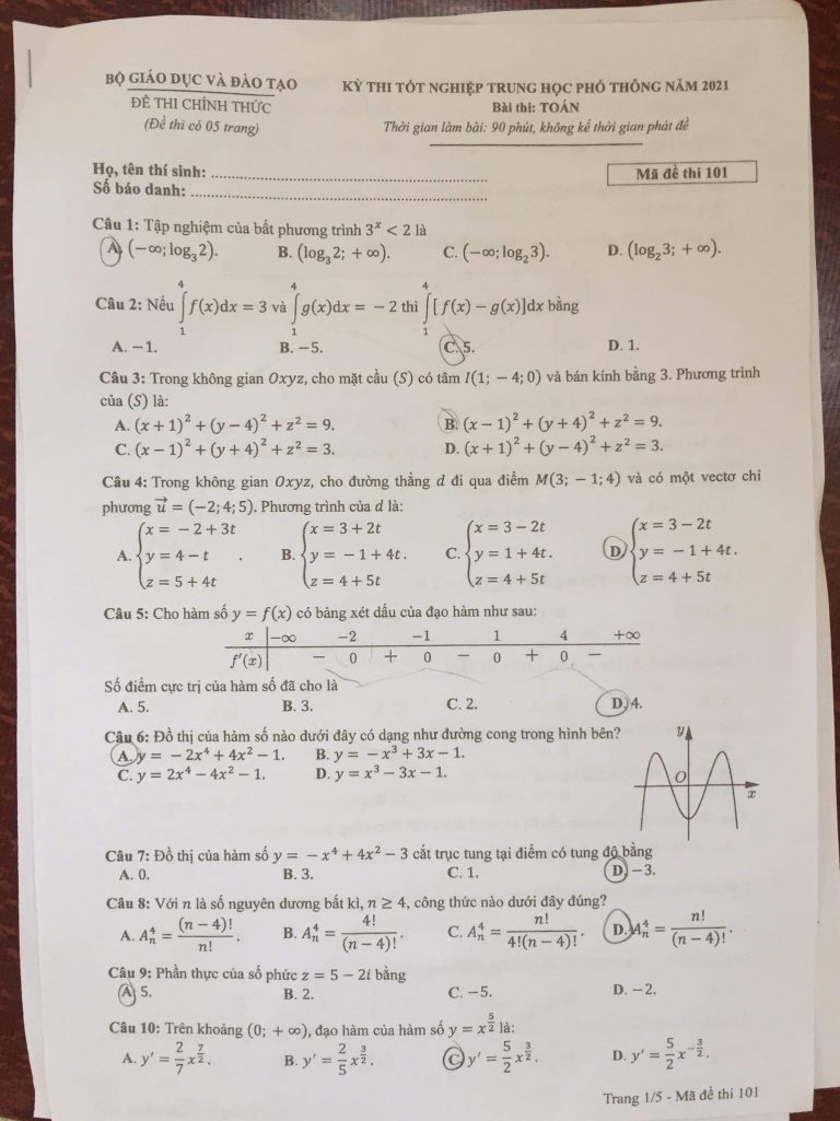 Đề thi – đáp án chính thức môn Toán kỳ thi tốt nghiệp THPT Quốc gia 2021